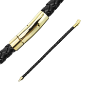 Čierny kožený náramok s uzáverom v kombinácii s chirurgickou oceľou v zlatej farbe