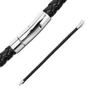 Черна кожена гривна със закопчалка в комбинация със сребърна хирургическа стомана