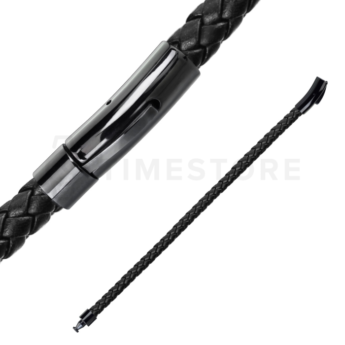 Černý kožený náramek se sponou v kombinaci s černou chirurgickou ocelí