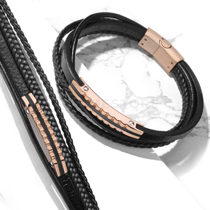 Vícevrstvý kožený náramek s kombinací chirurgické oceli