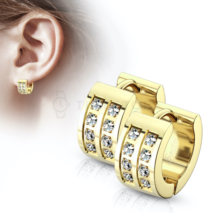 Zlaté oceľové náušnice so zirkónmi a kĺbovým zapínaním