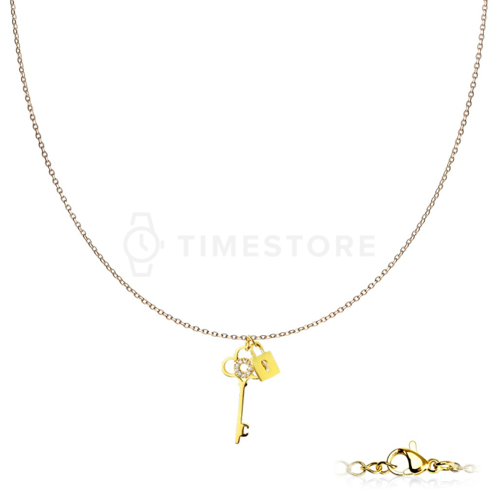 Arany színű nyaklánc sebészeti acélból, kulcs és zár medállal