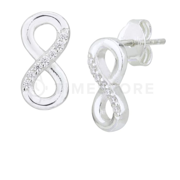 Strieborné náušnice zdobené zirkónmi, symbol nekonečno